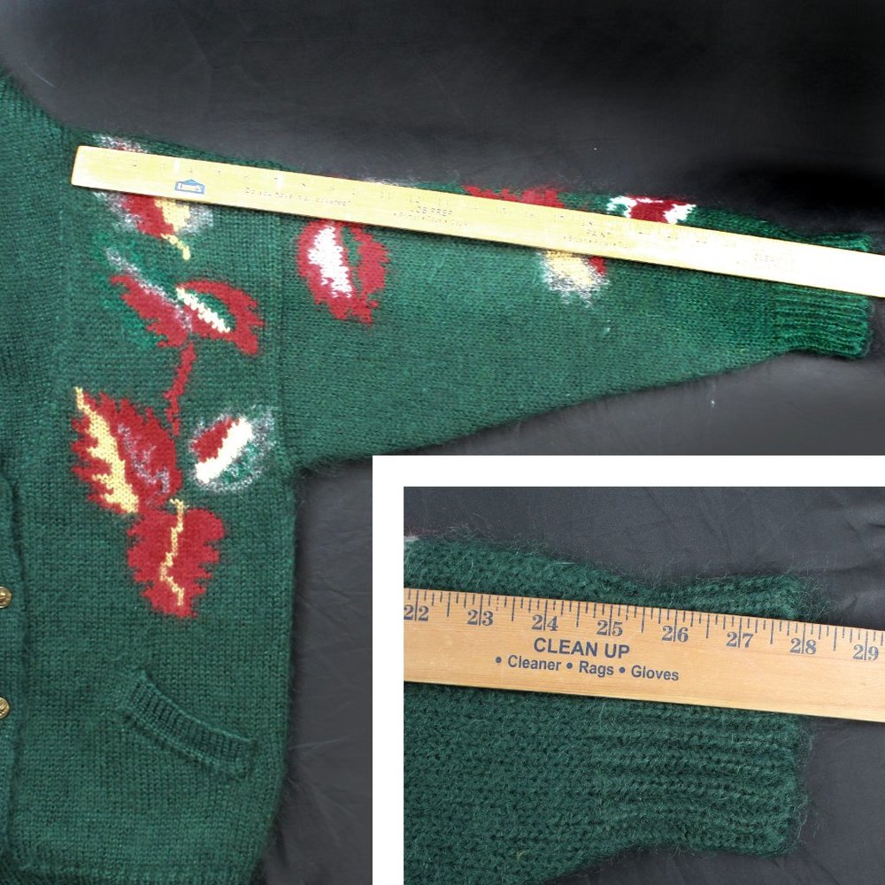 Vintage 90s Mohair Cardigan Sweater Shawl Collar Ribbed Knit Green Leafs Pockets - Picture 11 of 12